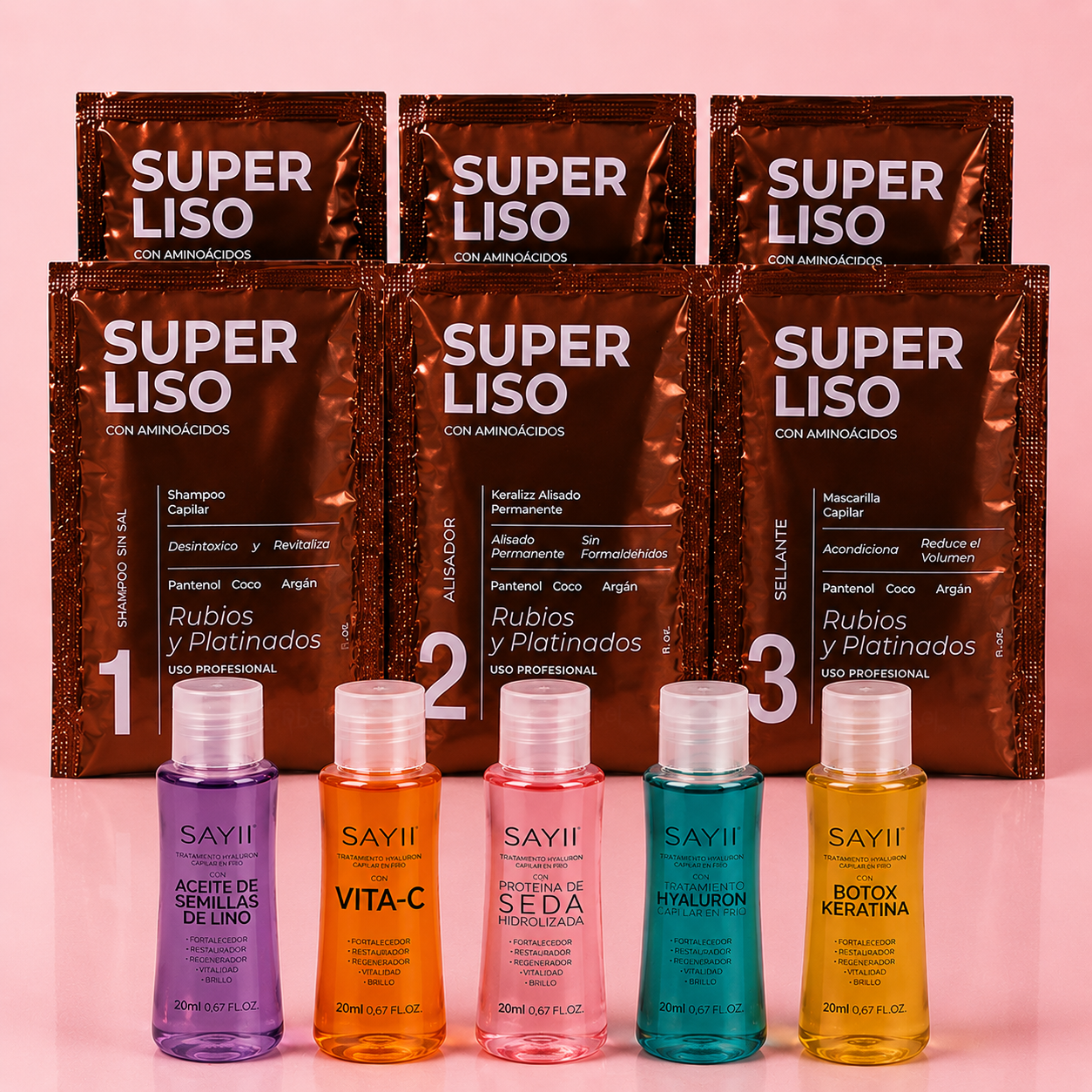 Combo KIT Super Liso Aminoácidos Rubios y Platinados 120ml + KIT Cóctel Ampollas Hyaluron Complex– Tratamiento Alisador y Reparador Capilar