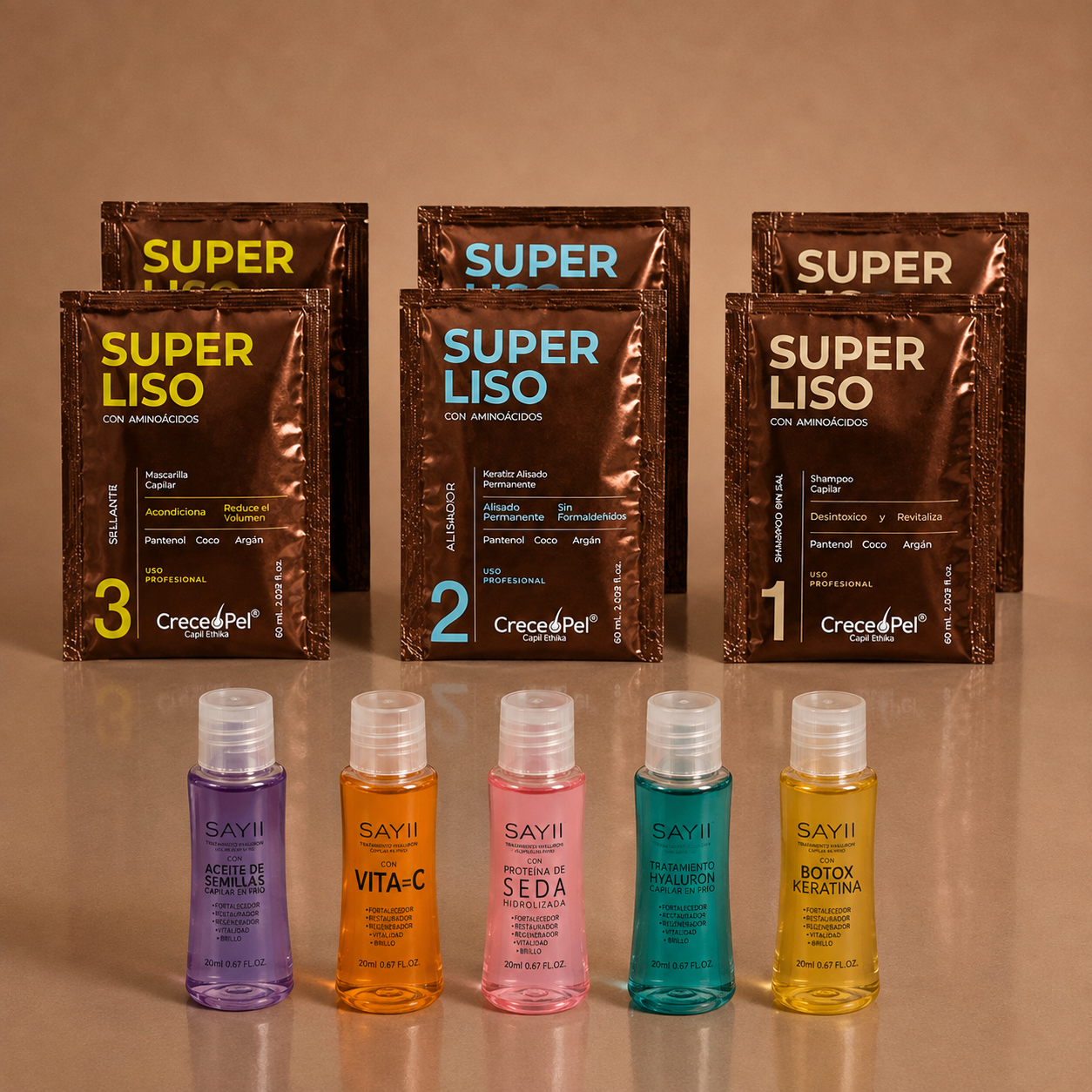 Combo KIT Super Liso Aminoácidos Sachets 120ml + KIT Cóctel Ampollas Hyaluron Complex– Tratamiento Alisador y Reparador Capilar